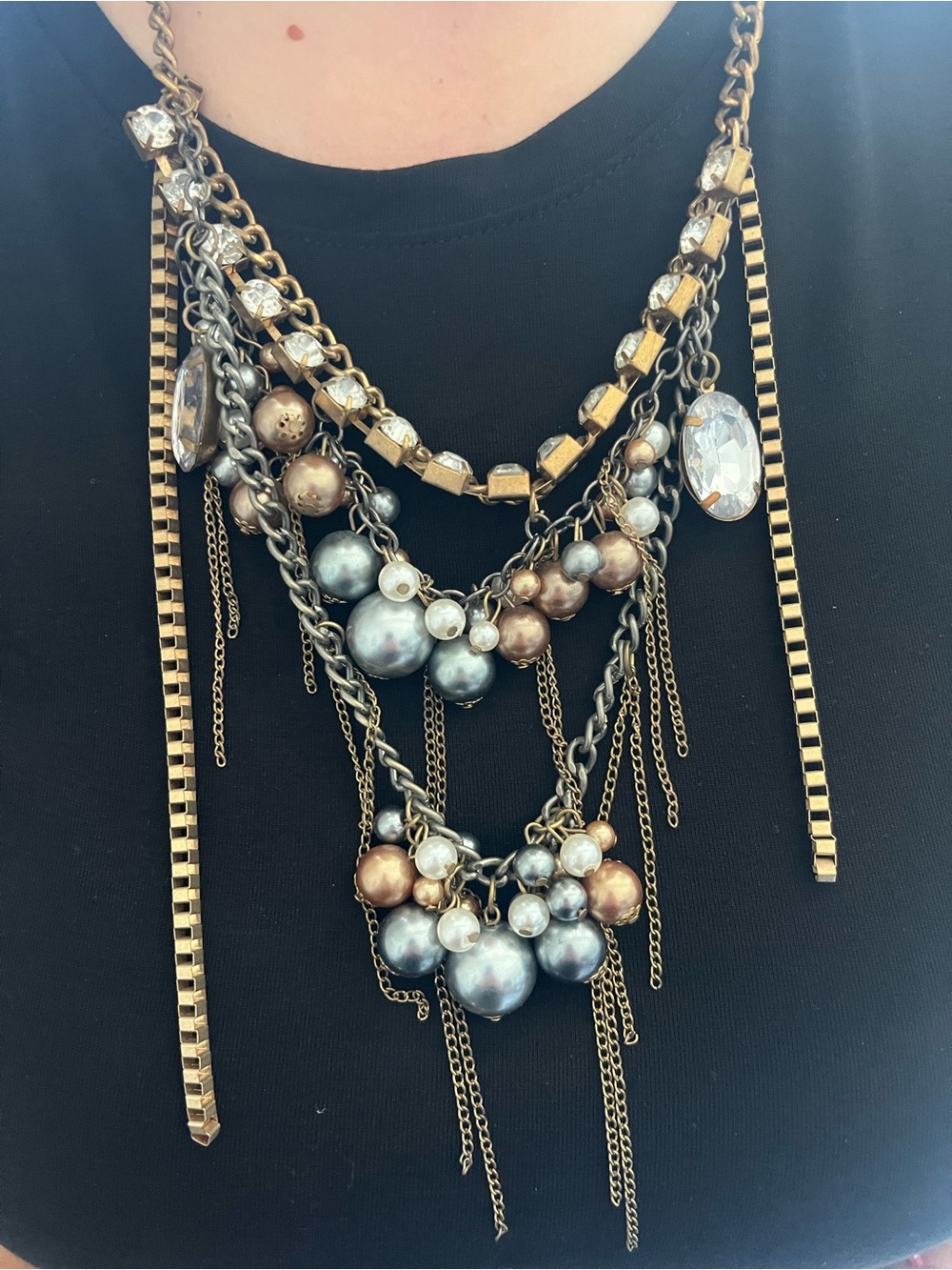 Statement Multi-Tone Pearl & Crystal Fringe Necklace - Gold Chain